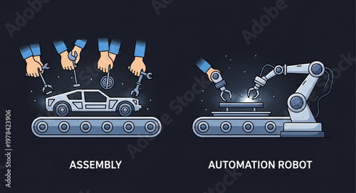 Car Assembly Line Comparison Human vs Robot Automation.