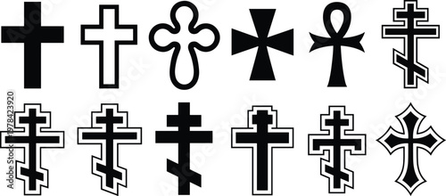 Religious cross symbols collection, Latin cross, Orthodox cross, Maltese cross, Ankh, decorative Christian cross variations, cultural spiritual icons