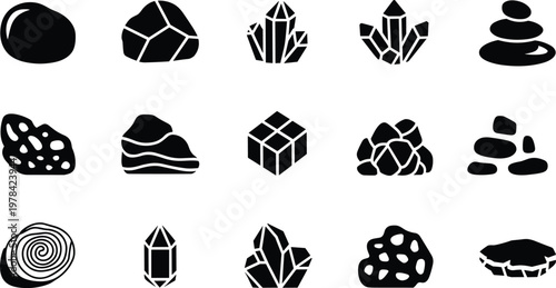 Rock icons, mineral silhouettes, geology symbols, crystal formations, sedimentary layers, porous stones, cubic crystals, educational geology, natural textures, geology illustration