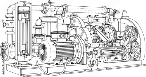 Detailed line drawing of industrial machinery with motor and cylindrical components on a isolated on white background

