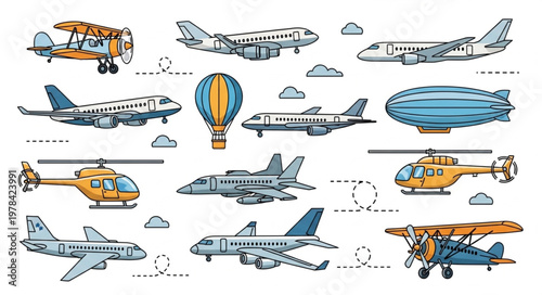 Collection of various aircraft and airships flying.