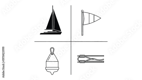 Nautical Elements Illustration: Minimalist design elements of sailing, navigation, and maritime symbols, depicted in clean black lines.