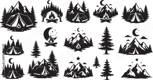 Black and white mountain camping icons with trees and tents