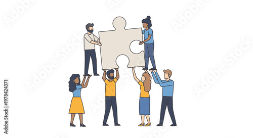 Diverse team of people working together to assemble a large jigsaw puzzle piece, symbolizing collaboration and teamwork.