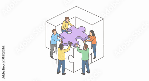 Diverse team of people working together to assemble a large puzzle piece into a cube, symbolizing teamwork and problem-solving.