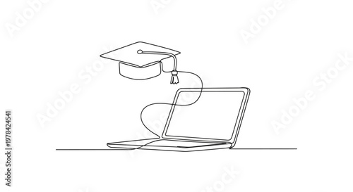 Online Education Concept: Graduation Cap Connected to Laptop via Wire