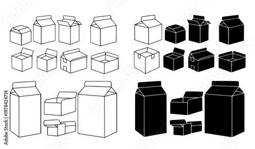 Set of milk carton box packaging vector silhouettes and line art icons for dairy product design