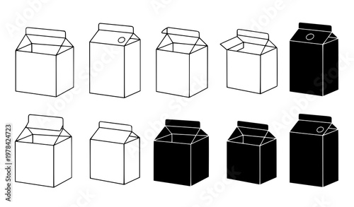 Milk carton packaging vector icons and silhouettes for dairy beverage brand identity and retail graphics
