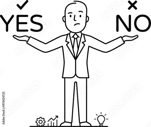 A cartoon man in a suit is torn between yes and no