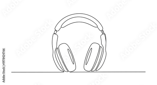 Minimalist single line drawing of modern headphones on a white background