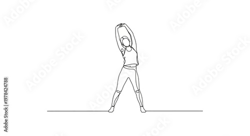 Woman stretching arms up, healthy lifestyle, fitness and yoga pose, line art