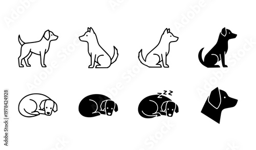 Minimalist dog icon set featuring various breeds in simple outline and solid black silhouette styles for veterinary and pet care design applications