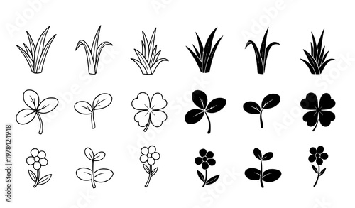 Collection of grass blades clover leaves and flower icons in black and white line art and solid silhouette vector set