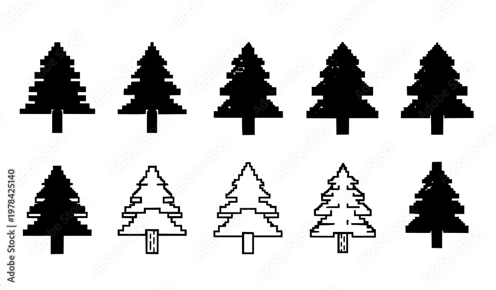 Fototapeta premium Set of pixel art style pine tree vector icons in black and white silhouette and outline design isolated on white background for graphic design projects