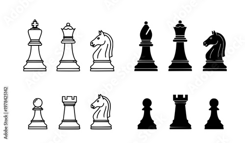 Detailed chess piece vector icon collection featuring king queen knight bishop rook and pawn in silhouette and outline style for gaming design