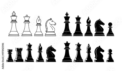 Complete chess piece vector icon set featuring king queen bishop knight rook and pawn in black silhouette and outline styles on white background