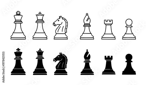 Standard chess piece vector icon set featuring king queen knight bishop rook and pawn in silhouette and outline variations for board game design