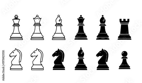 Professional chess piece vector icon set featuring king queen bishop rook knight and pawn in solid silhouette and clean outline design styles