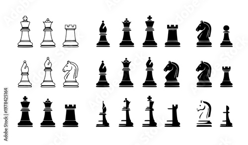 Comprehensive chess piece vector icon set featuring king queen rook bishop knight and pawn in silhouette and outline styles for board game apps