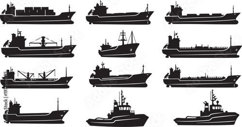 Collection of various ship silhouettes on white background