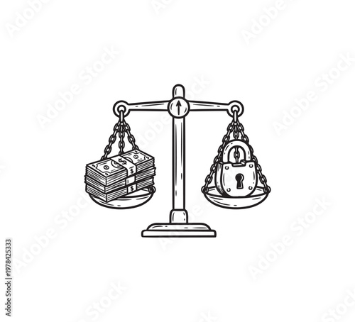 Balance Scale Weighing Money Against a Padlock Symbol.