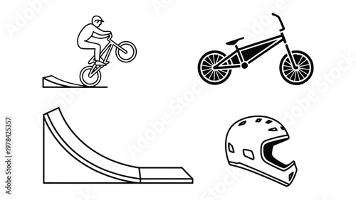 BMX elements: A dynamic illustration showcases the essence of BMX, featuring key elements of the sport, including a cyclist executing a trick, a detailed bicycle, a ramp, and a protective helmet.