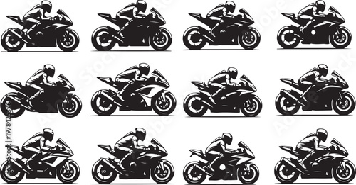 Motorcycle Riders in Various Poses Silhouette Illustration Set
