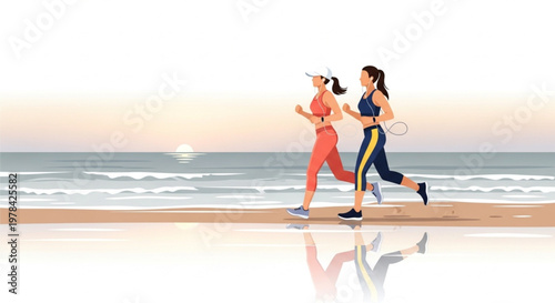 Women Running Together on Wet Sand During Sunrise for Fitness