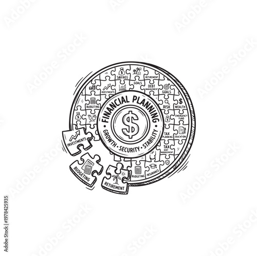 Financial Planning Puzzle Pieces Representing Growth Security Stability.