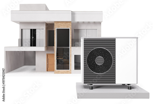 This design presents a cut out of an air heat pump placed in front of a modern building. The focus is on the unit, isolated on a clear background for easy use in different projects