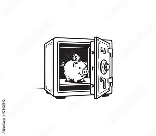 Piggy Bank Inside Open Safe Deposit Box.
