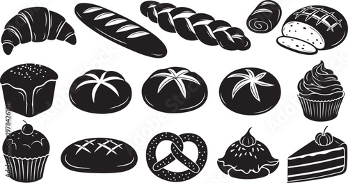 Variety of baked goods and desserts in black and white