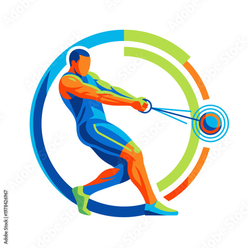 A dreamlike vision of a powerful hammer thrower in action, showcasing the peak athletic look of precision and strength, ready for competition