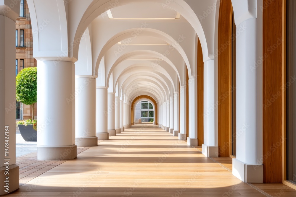 Obraz premium Minimal Corridor with Repeating Arches Fading into Soft Light and Warm Atmosphere