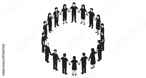Diverse group of people holding hands in a circle showing teamwork, unity, and community harmony