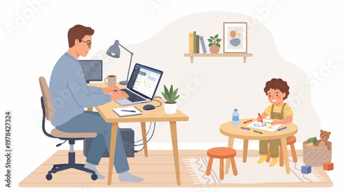 Father Working on Laptop at Home Office Desk While Young Child Plays Nearby on Floor with Toys in Cozy Living Room Interior Space