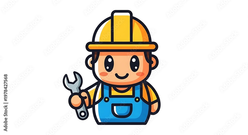 Fototapeta premium A funny cartoon builder mascot wearing a yellow safety helmet and industrial uniform, designed as a simple vector character illustration of a construction worker or engineer ready to build