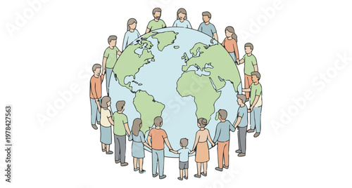 Diverse global community of people holding hands around the earth showing world unity and peace