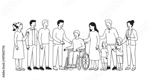 An inclusive and diverse group of people standing together to support equality and belonging for a community in a wheelchair.