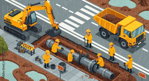 Isometric illustration of construction workers laying pipes on a city street with an excavator and dump truck