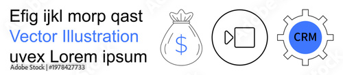 Business management, finance, video content creation, digital tools, CRM software, operational strategy. Icons include a money bag, video frame and gear with CRM label. Business management