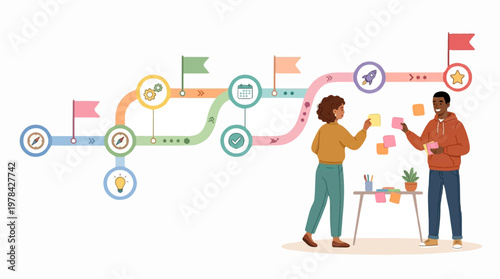 Diverse Professionals Collaborating on Project Roadmap with Icons and Sticky Notes in Modern Office Workspace for Team
