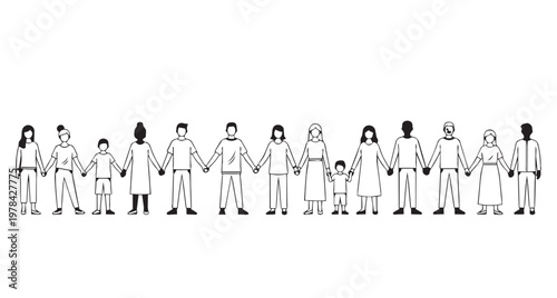 outlined a diverse line of people holding hands showing community unity, equality, solidarity, and support.