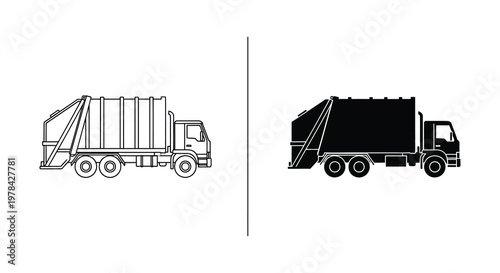 Two garbage trucks are depicted in line art and solid black silhouette