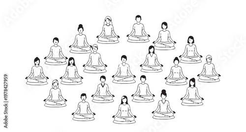 A large community group of people practicing mindfulness meditation together for spiritual peace, wellness, and harmony around a lotus
