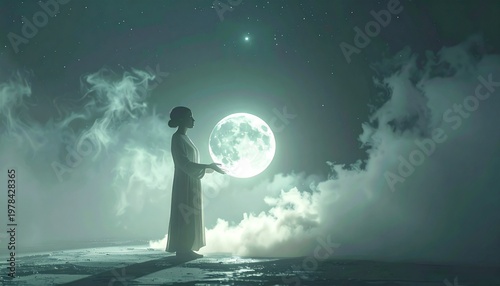 Mystical Woman Holding Moon in Dreamy, Ethereal Landscape.