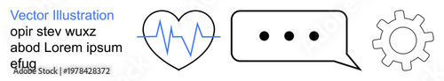 Healthcare, technology, communication tools, medical apps, automation, teamwork. A heartbeat line, speech bubble with dots and gear symbol. Healthcare and technology integration