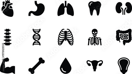 A collection of black medical icons on a white background