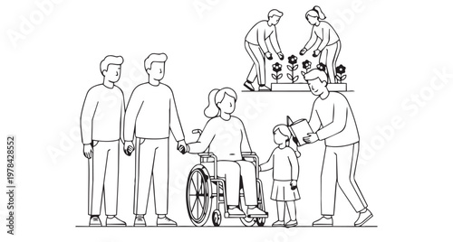 inclusive community volunteering to provide care and support helping people with a disability in a wheelchair making life accessible