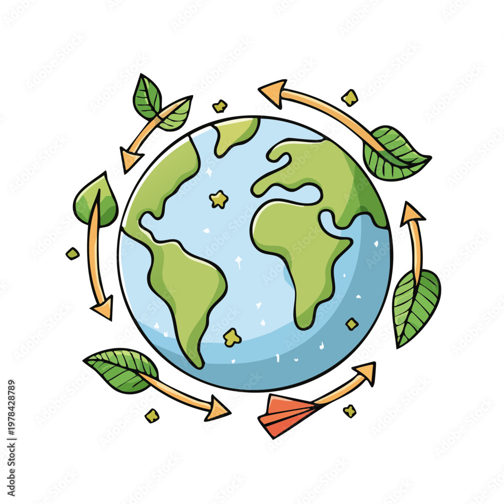 Fototapeta premium Planet Earth surrounded by recycling arrows and green leaves symbolizing environmental protection